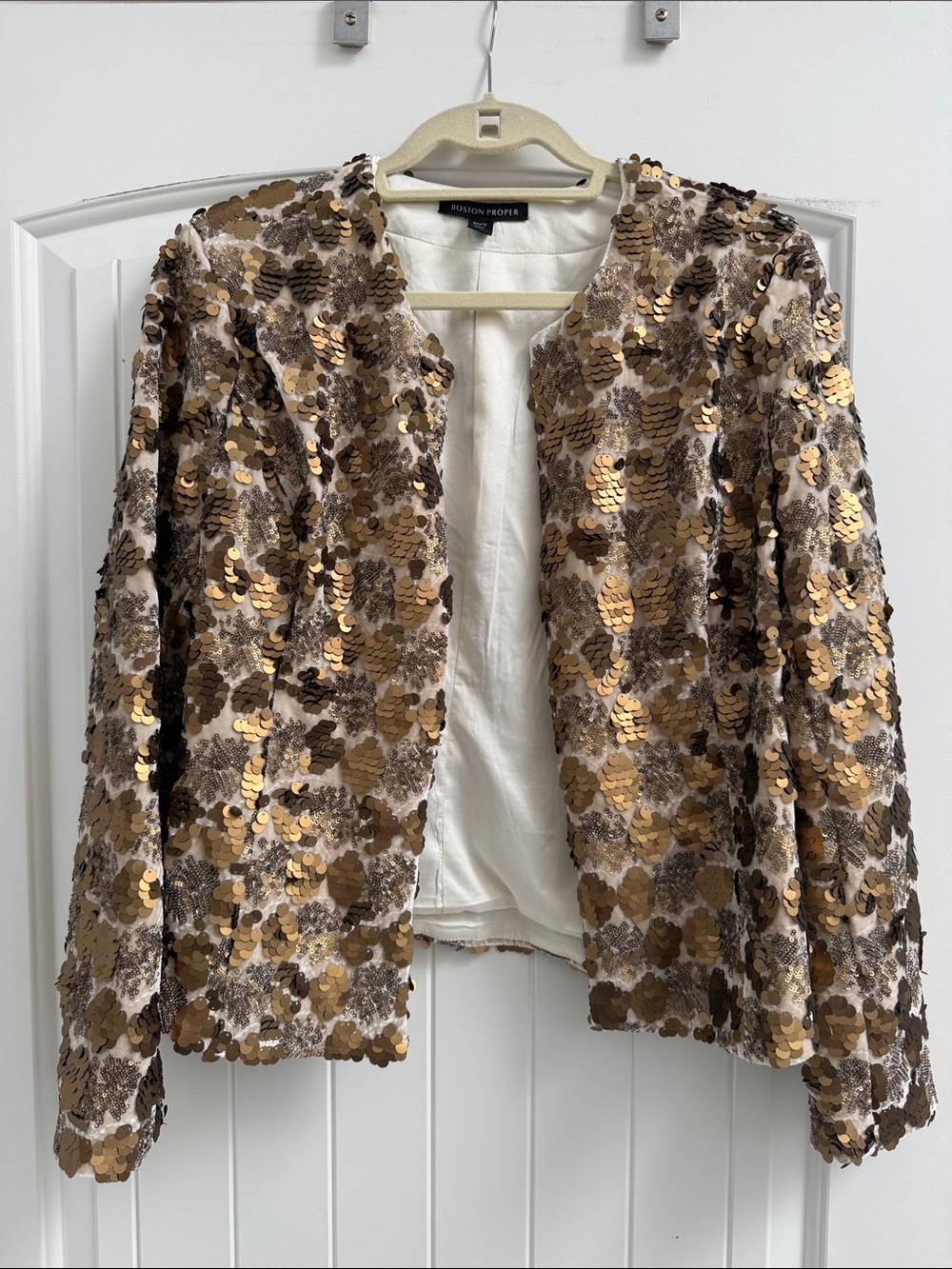 Boston Proper Gold, Brown & Cream Sequin Open Front Blazer
